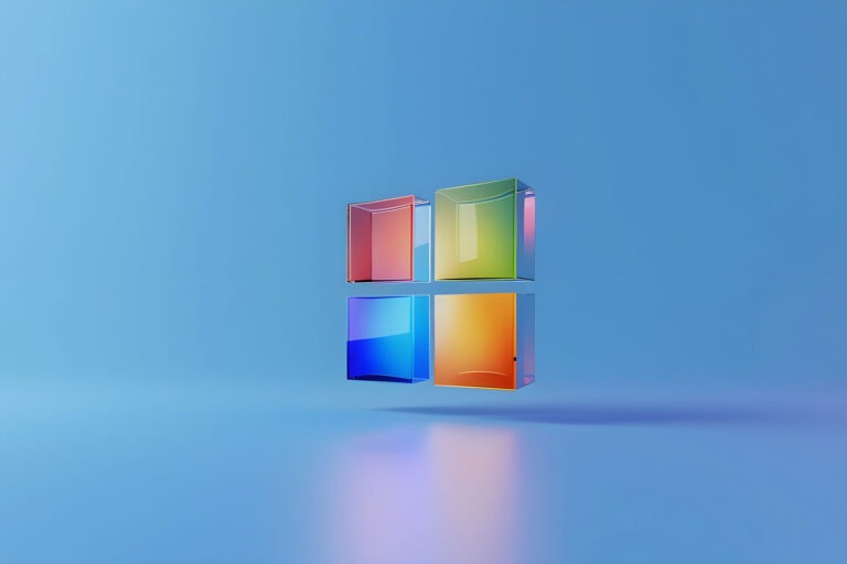 Windows-Logo mit Schatten auf hellblauem Hintergrund.